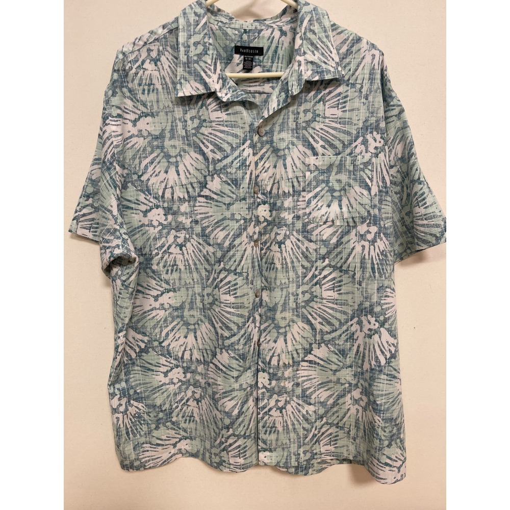 Van Heusen Mens XXL Short Sleeve Button Down Shirt Green White Abstract Print